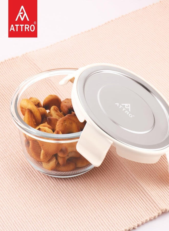 ATTRO Glassox Borosilicate Round Glass Lunch Box with Stainless Steel Lid Food Storage Container Microwave & Freezer Safe BPA-Free Food-Grade SO2 400ml - Image 2